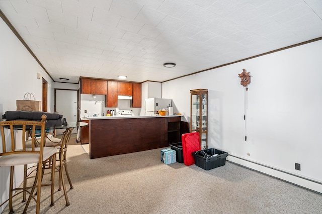 kitchen featuring light carpet, fridge, a baseboard radiator, ornamental molding, and white fridge