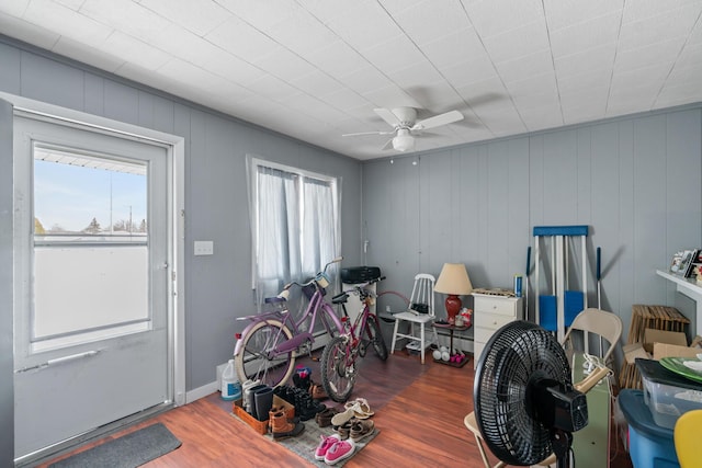 miscellaneous room with ceiling fan and dark hardwood / wood-style flooring