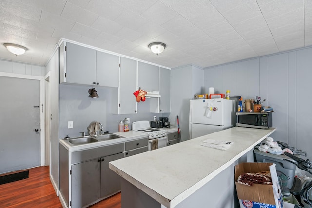 kitchen with gray cabinets, sink, dark hardwood / wood-style flooring, ornamental molding, and white appliances