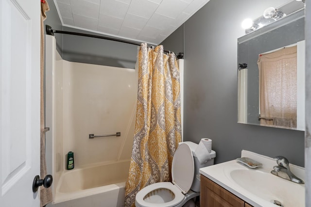 full bathroom featuring vanity, shower / bathtub combination with curtain, and toilet