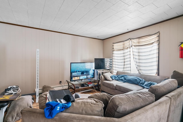 living room with wood walls