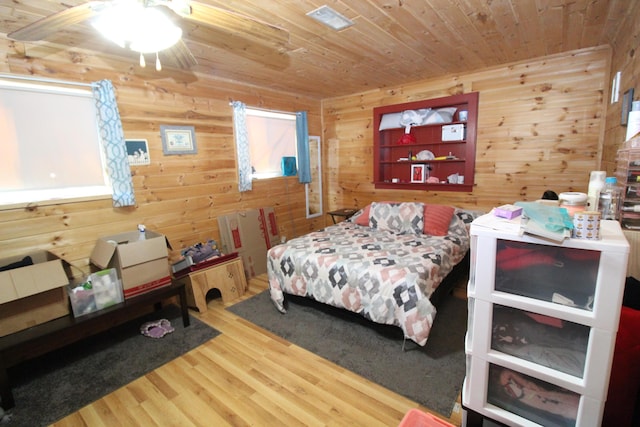 bedroom featuring wood-type flooring, wooden walls, and wooden ceiling