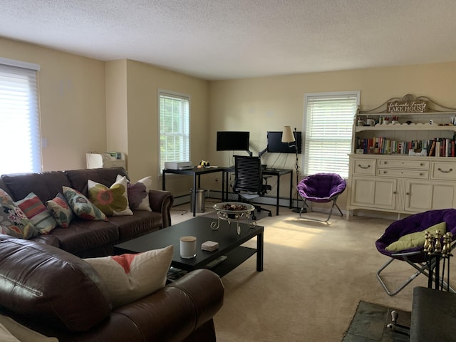 living room featuring a wealth of natural light, light colored carpet, and a textured ceiling