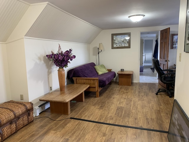 living area with lofted ceiling, hardwood / wood-style floors, and a baseboard radiator