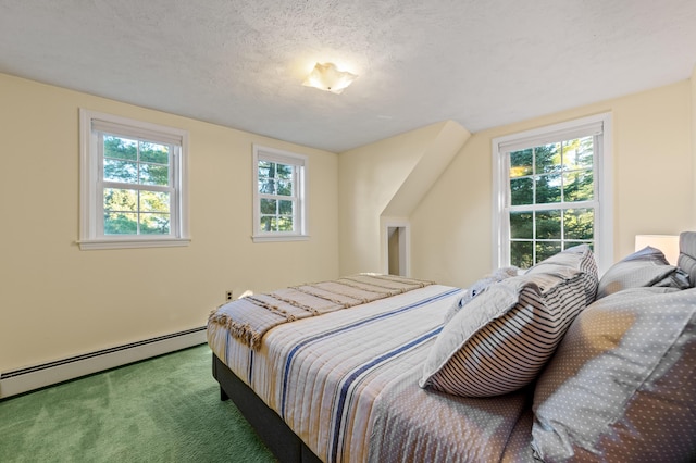 carpeted bedroom with multiple windows, a baseboard radiator, and a textured ceiling