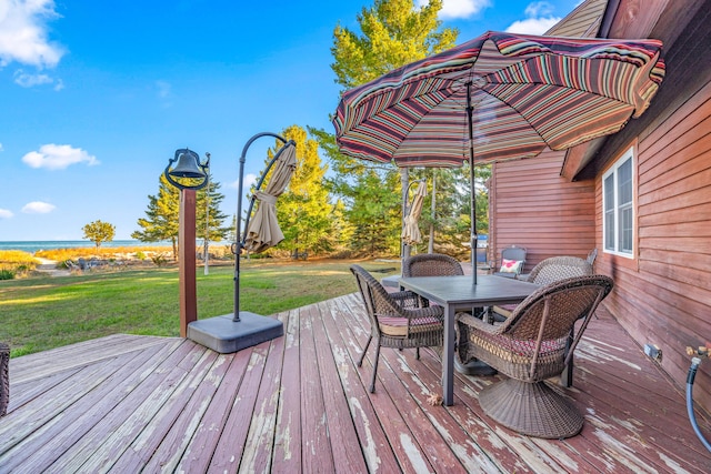 deck featuring a lawn and a water view