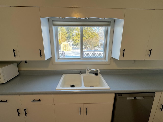 kitchen with sink, stainless steel dishwasher, and white cabinets