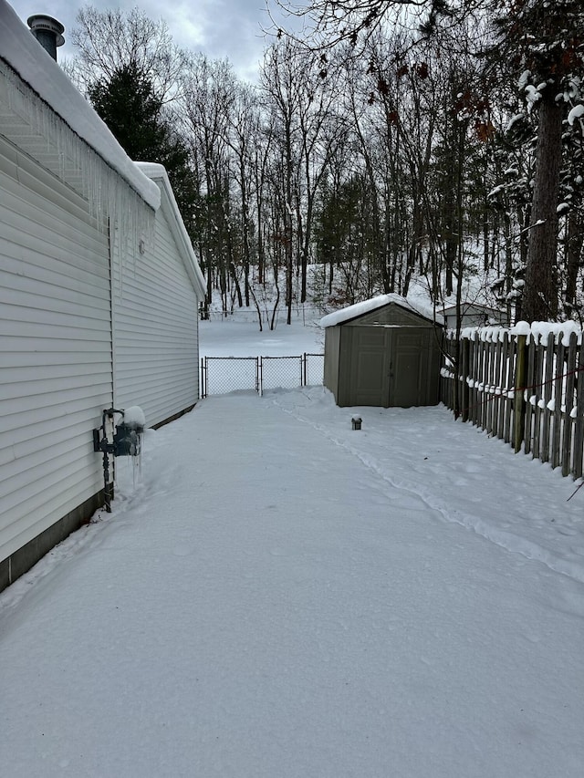 yard layered in snow with a shed