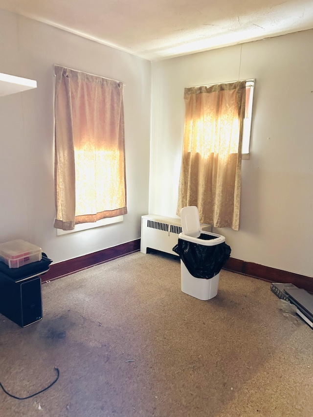 carpeted empty room featuring radiator heating unit