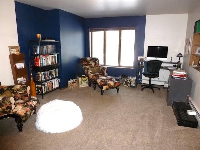 office space with a baseboard radiator and carpet flooring