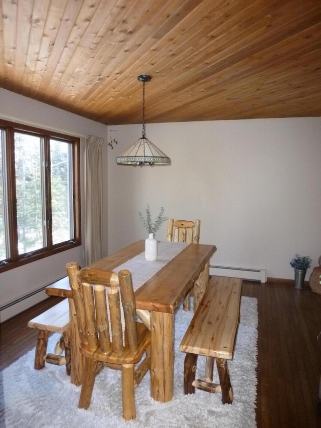 dining room with a baseboard radiator, dark wood-type flooring, and wooden ceiling