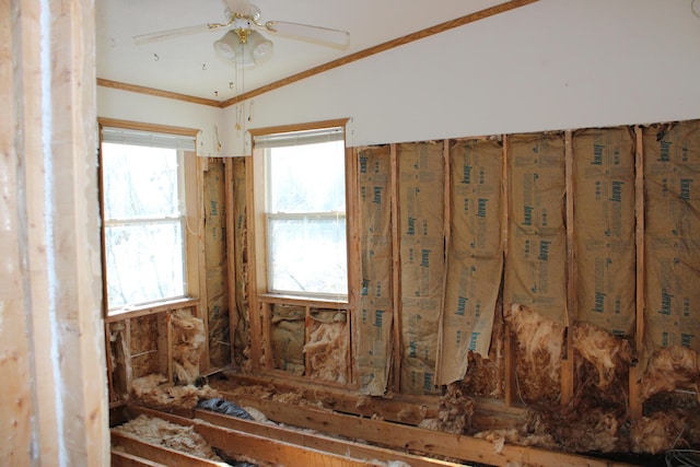 miscellaneous room featuring ornamental molding and ceiling fan