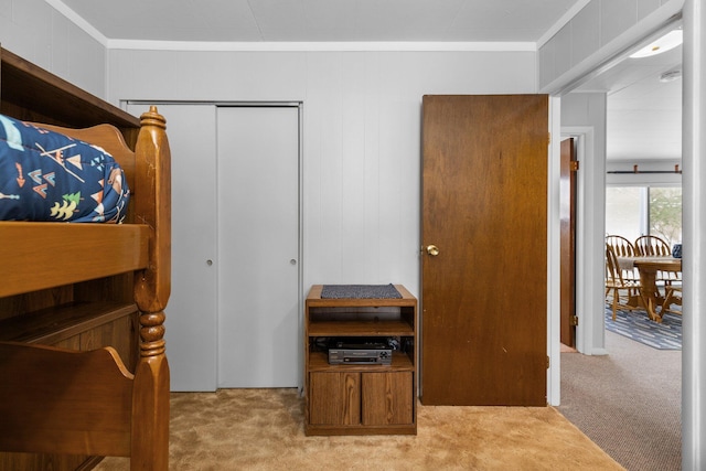 carpeted bedroom with crown molding and a closet