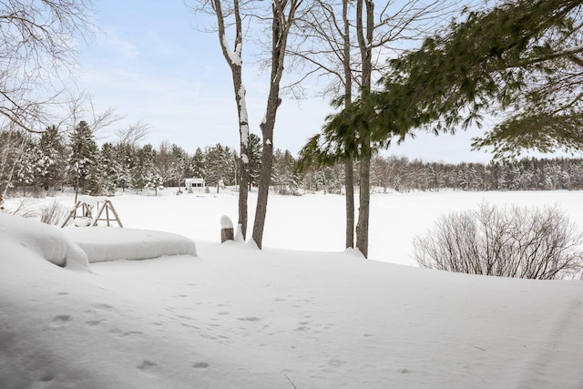 view of yard layered in snow