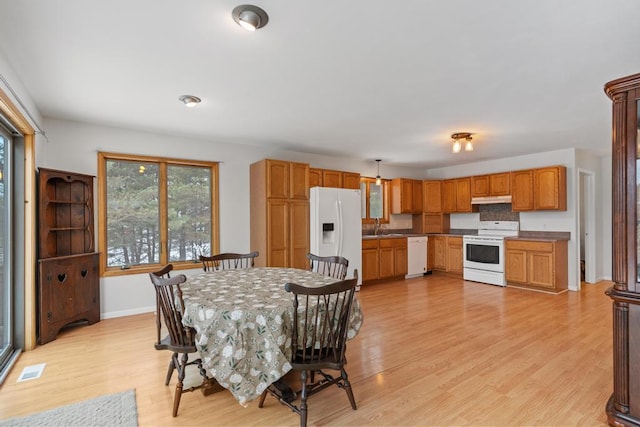 dining area with a healthy amount of sunlight, sink, and light wood-type flooring