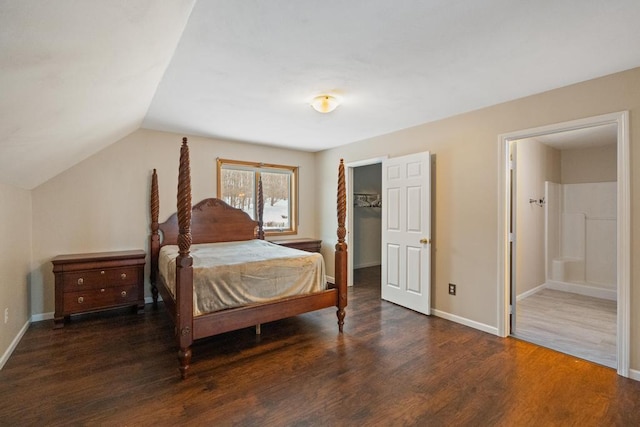 bedroom featuring vaulted ceiling, dark wood-type flooring, a closet, and a spacious closet