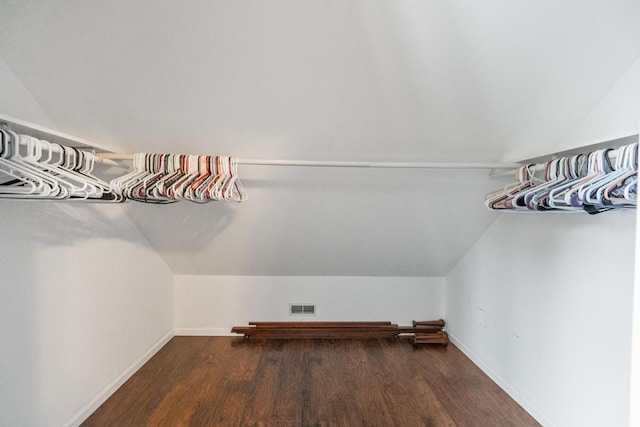 spacious closet featuring vaulted ceiling and dark wood-type flooring