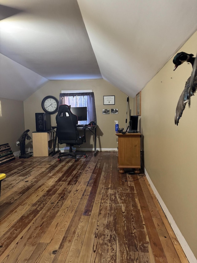 office featuring dark hardwood / wood-style flooring and vaulted ceiling