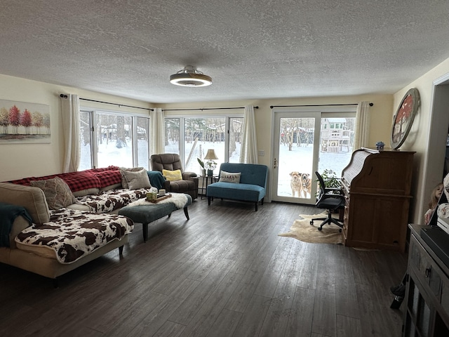 living room with plenty of natural light, dark hardwood / wood-style floors, and a textured ceiling