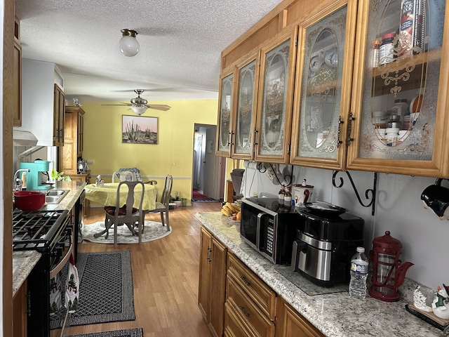 kitchen with sink, light hardwood / wood-style flooring, light stone countertops, gas range oven, and a textured ceiling