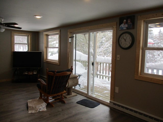 doorway with baseboard heating, crown molding, and dark hardwood / wood-style floors