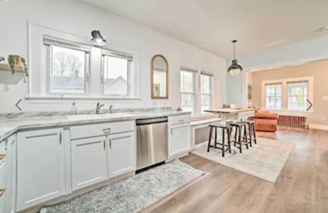 kitchen with sink, light wood-type flooring, stainless steel dishwasher, radiator heating unit, and pendant lighting