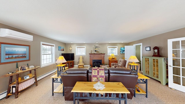 carpeted living area featuring a fireplace, recessed lighting, baseboard heating, a wall mounted air conditioner, and baseboards