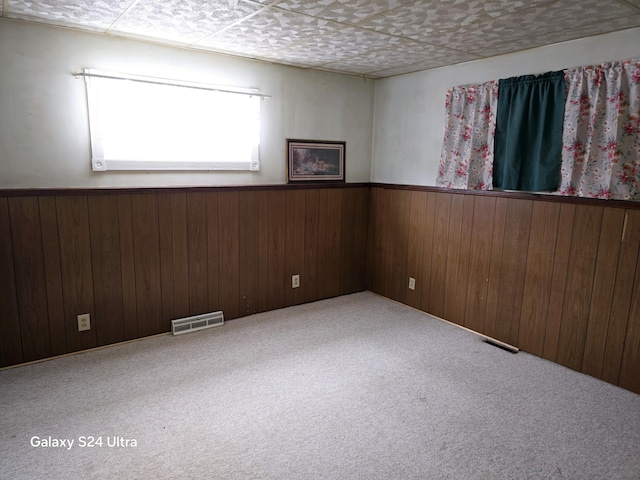 carpeted spare room with wooden walls