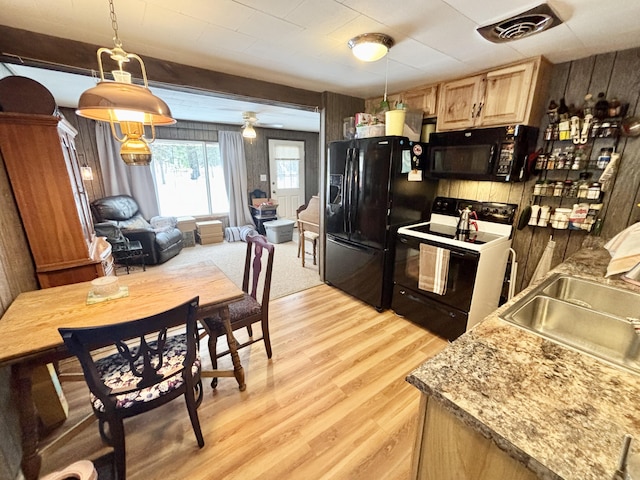 kitchen with sink, decorative light fixtures, light hardwood / wood-style floors, and black appliances