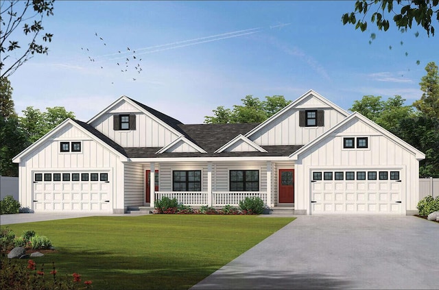 modern farmhouse with a shingled roof, concrete driveway, covered porch, a front lawn, and board and batten siding