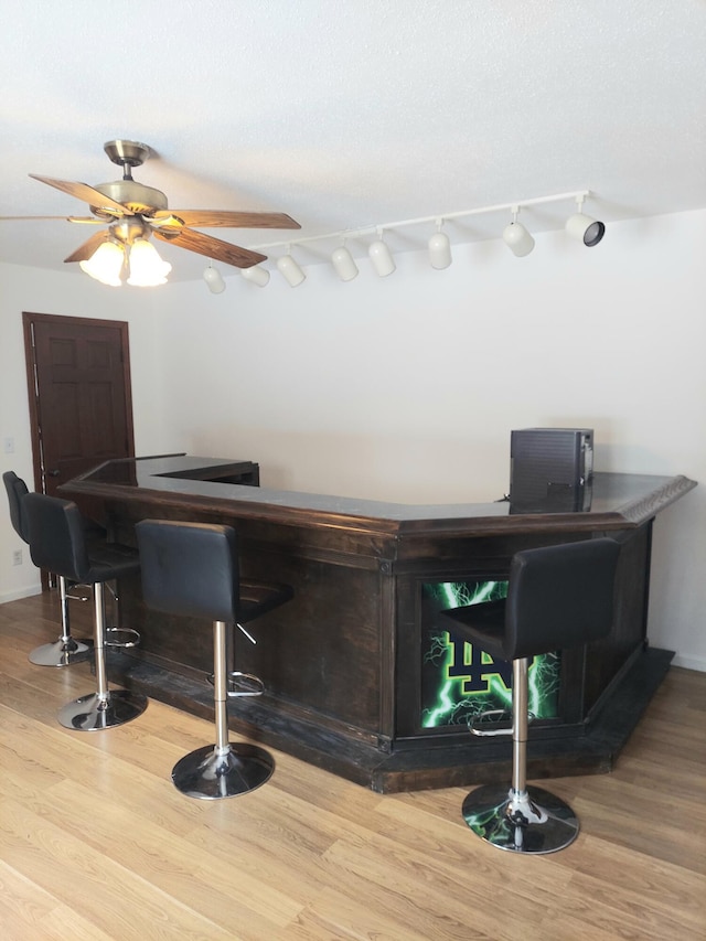 bar featuring wood-type flooring and ceiling fan