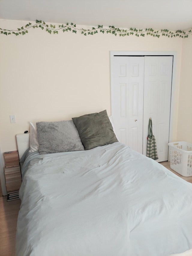 bedroom featuring wood-type flooring and a closet