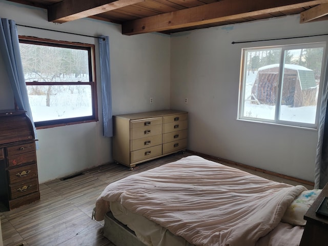 bedroom featuring wood ceiling and beam ceiling