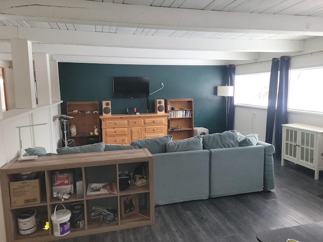 living room featuring wood ceiling, dark hardwood / wood-style flooring, and beam ceiling