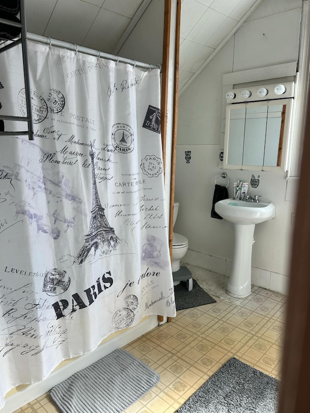 bathroom featuring vaulted ceiling, a shower with shower curtain, and toilet