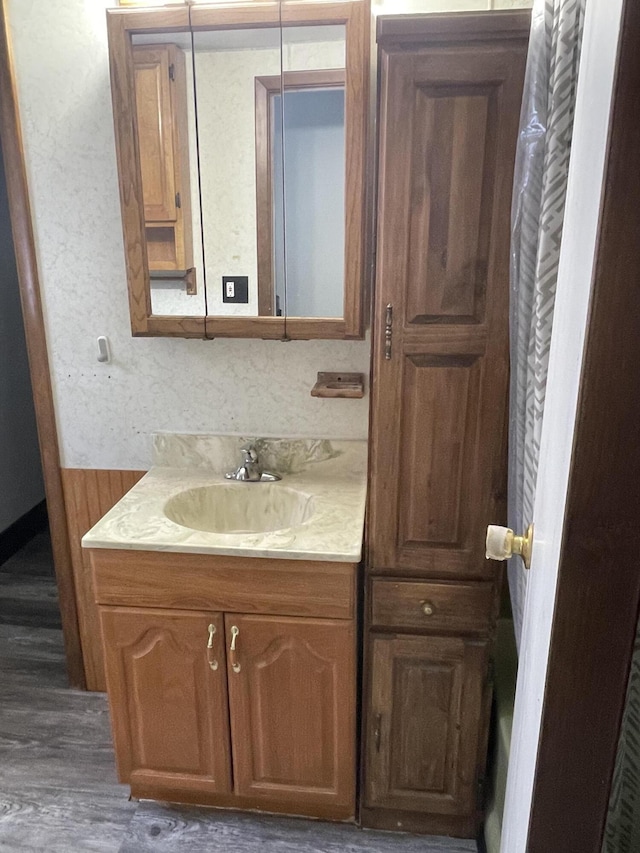 bathroom with hardwood / wood-style flooring and vanity