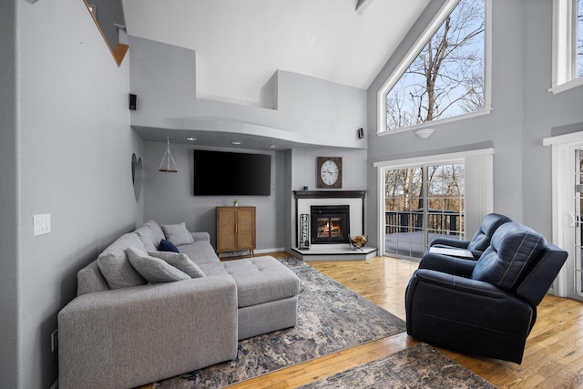 living room with wood finished floors, plenty of natural light, and a glass covered fireplace