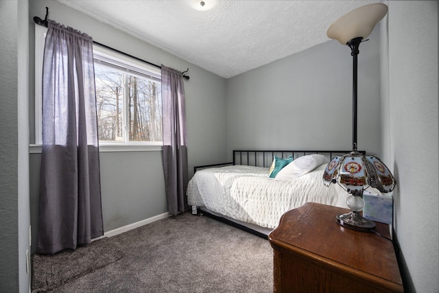 bedroom with carpet flooring, a textured ceiling, and baseboards