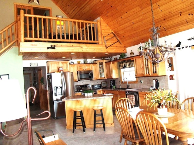 kitchen with stainless steel appliances, glass insert cabinets, wood ceiling, a sink, and a kitchen island