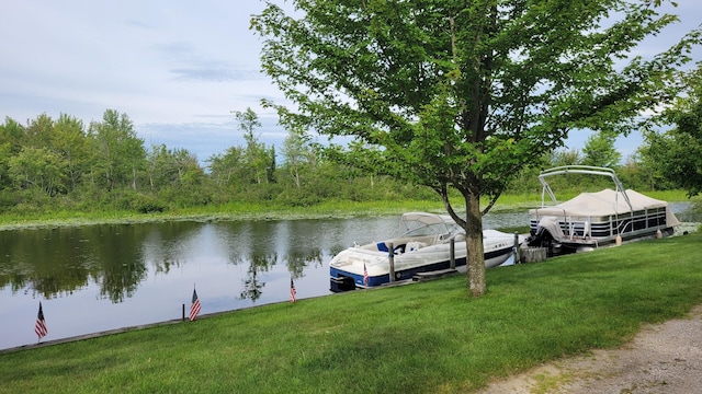 dock area with a yard and a water view