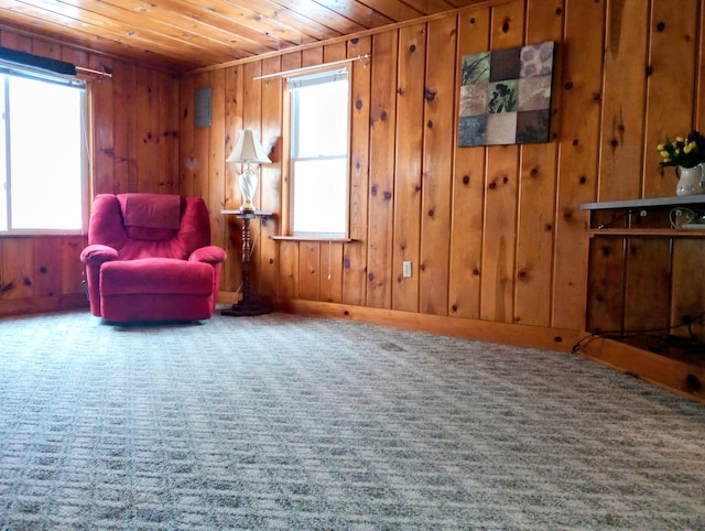 living area featuring wood ceiling, wooden walls, and carpet flooring