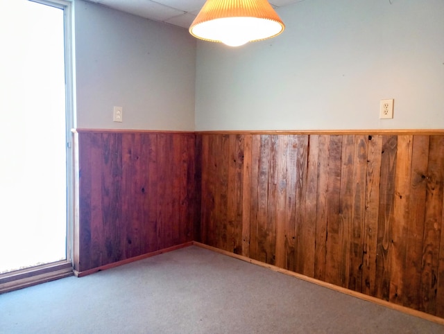 unfurnished room with a wainscoted wall, light colored carpet, and wooden walls