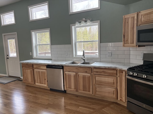 kitchen with appliances with stainless steel finishes, backsplash, a sink, and wood finished floors