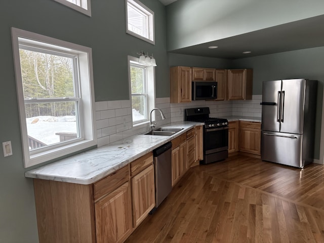 kitchen with wood finished floors, a sink, light countertops, appliances with stainless steel finishes, and backsplash