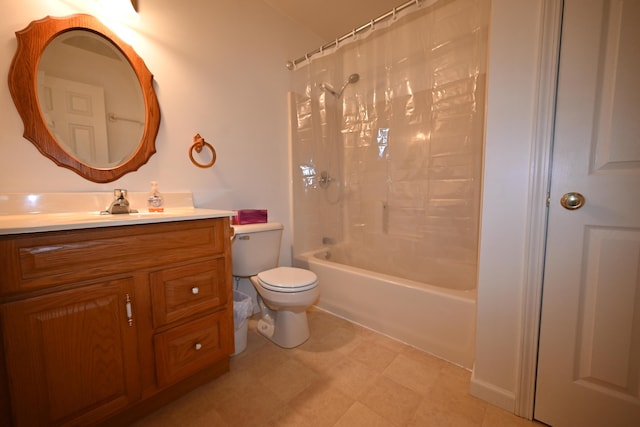 bathroom with vanity, toilet, and shower / tub combo with curtain