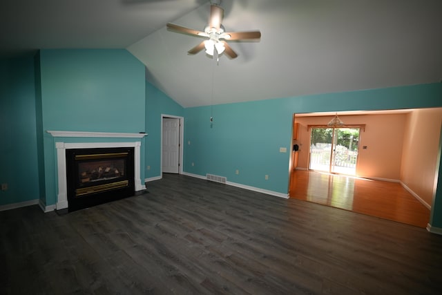 unfurnished living room with ceiling fan, a fireplace, visible vents, baseboards, and dark wood-style floors