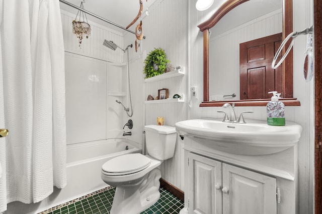 full bath with shower / bath combination with curtain, vanity, toilet, and tile patterned floors