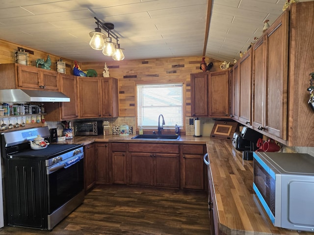 kitchen with dark wood finished floors, stainless steel electric range oven, under cabinet range hood, and a sink