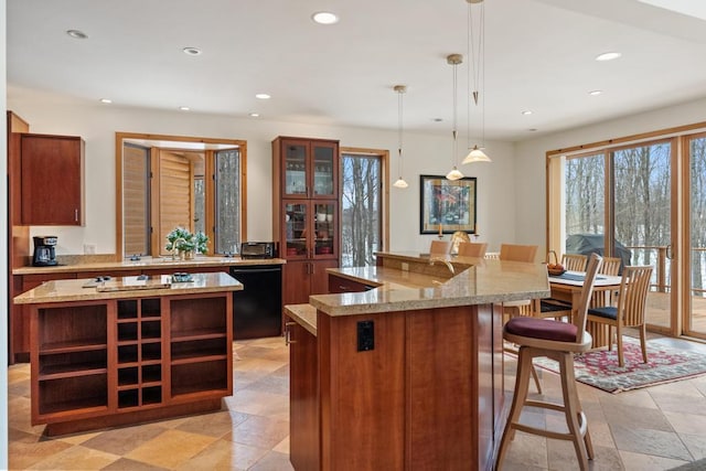 kitchen with black dishwasher, open shelves, a large island, and recessed lighting