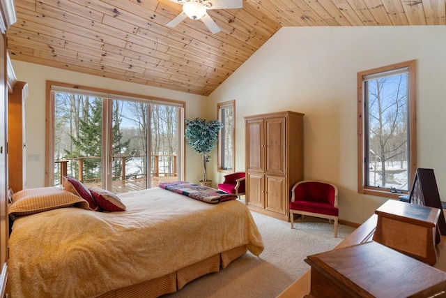 bedroom featuring high vaulted ceiling, wooden ceiling, light carpet, and baseboards